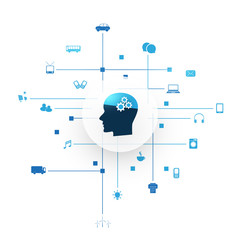 Abstract Machine and Deep Learning, Artificial Intelligence, Cloud Computing and Networks Design Concept with Icons and Human Head