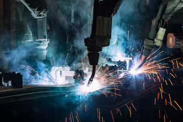 Movement of robot welding in car factory