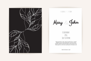 Vintage wedding invitation templates. Cover design with gold leaves ornaments.