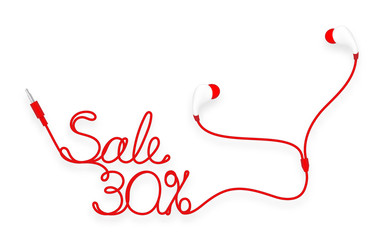 Earphones, In Ear type red color and 30 percent text made from cable isolated on white background, with copy space
