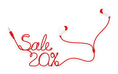 Earphones, In Ear type red color and 20 percent text made from cable isolated on white background, with copy space