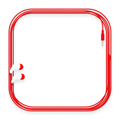 Earphones, In Ear type red color and rounded square made from cable frame isolated on white background, with copy space