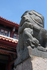 Chinese lion statues in Chinese temple. Statue, stone.