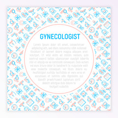 Gynecologist concept with thin line icons: uterus, ovaries, gynecological chair, pregnancy, ultrasound, sanitary napkin, test, embryo, menstruation, ovulation,  Modern vector illustration for banner.