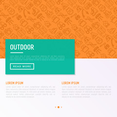 Outdoor concept with thin line icons: mountains, backpack, uncle boots, kettle, axe, map, swiss knife, canoe, camera, fishing rod, binoculars. Modern vector illustration for print media, banner