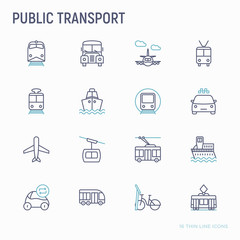 Public transport thin line icons set: train, bus, taxi, ship, ferry, trolleybus, tram, car sharing, bicycle. Front and side view. Modern vector illustration.