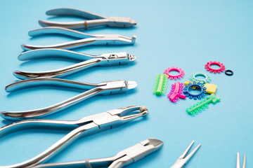 Orthodontic appliance tools set in the clinic for dentist to work.