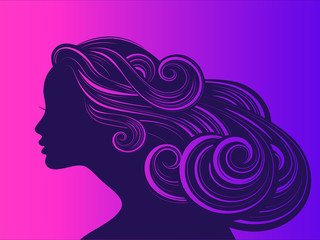Beautiful girl with long thick wavy hair. Beauty salon icon. Vector illustration