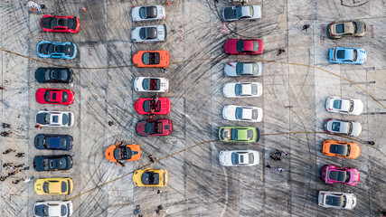 Top view super car on asphalt road, Aerial view super car show.