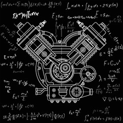 Internal combustion motor. The drawing engine of the machine in section, illustrating the inner structure - the cylinders, pistons, the spark plug. Isolated on white background.