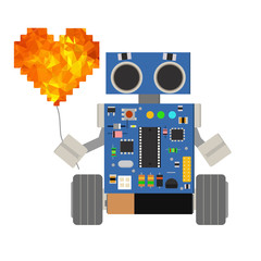 Cute little cartoon robot holding a balloon in the form of heart. Illustration for a National Love Your Robot Day.