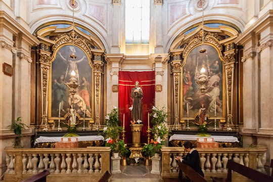 Lisbon, Portugal - October 24, 2016: Chapels in Baroque style in the interior of the Santo Antonio de Lisboa Church. Built on the Saint Anthony of Lisbon aka of Padua or Padova birth location.