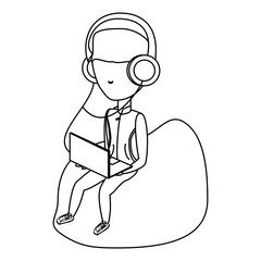 avatar young man sitting on a bean  bag and using a laptop computer and headphones over white background, vector illustration