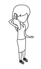 Woman standing and Talking on Cellphone over white background, vector illustration