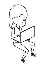 avatar woman sitting and using a laptop computer over white background, vector illustration