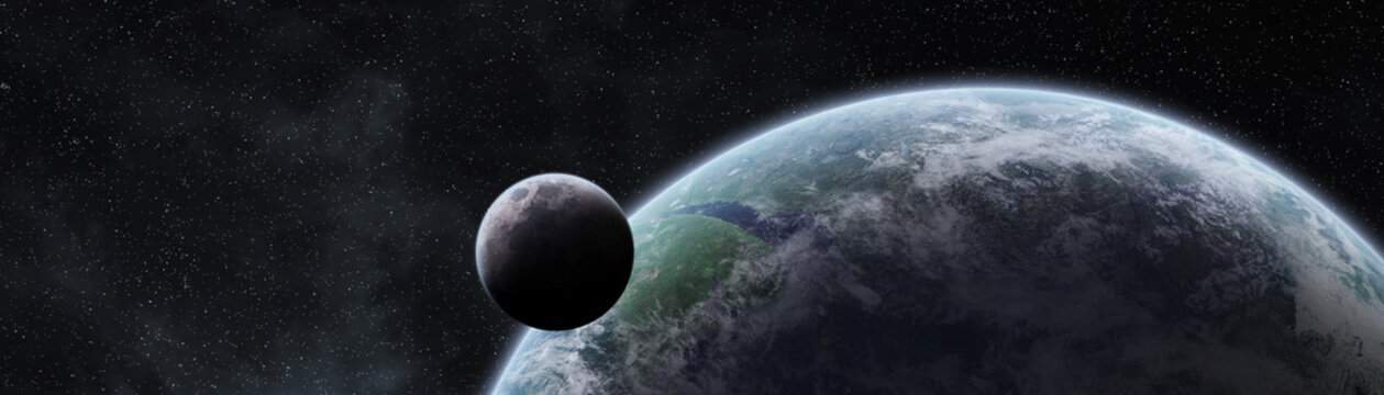 Panoramic view of planet Earth with the moon 3D rendering elements of this image furnished by NASA