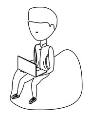 avatar young man sitting on a bean bag and using a laptop computer over white background, vector illustration