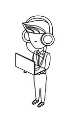 sketch of avatar businessman standing and using a laptop computer and headphones over white background, vector illustration