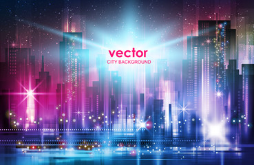 Obraz premium Vector illustration background city night in neon style architecture buildings