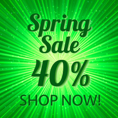 Spring sale banner 40% discount sign on a bright green background with rays of light. Easy to edit vector design template for your business.