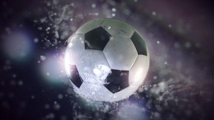 Naklejka premium Soccer ball flying through water drops 3d illustration