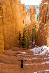 Red-yellow rocks in Bryce Canyon. Panorama of the mountain massif. A tourist place, a stone forest.