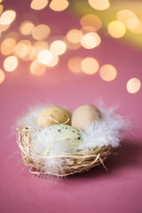 Nido di uova su sfondo rosa e luci sfumate: concetto di Pasqua