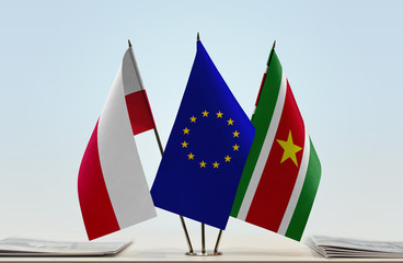 Flags of Poland European Union and Suriname