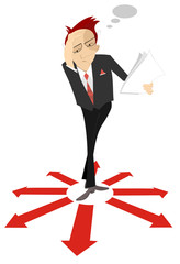 Pensive man or businessman holds papers and stays surrounded by arrow signs concept illustration. Busy man thinks how to settle the problem or creates new ideas isolated on white illustration  
