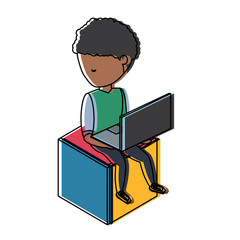 avatar young man sitting on a cube seat and using a laptop computer and headphones over white background, colorful design. vector illustration