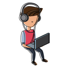 Fototapeta na wymiar avatar young man sitting and using a laptop computer and headphones over white background, colorful design. vector illustration