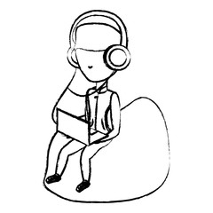 sketch of avatar young man sitting on a bean  bag and using a laptop computer and headphones over white background, vector illustration