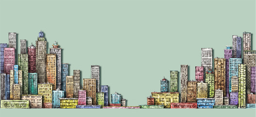 City panorama, hand drawn cityscape, architecture illustration