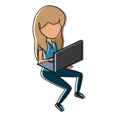 avatar woman sitting and using a laptop computer over white background, colorful design. vector illustration