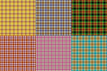 Collection of six seamless tartan patterns. Mix of checkered striped textile products design.