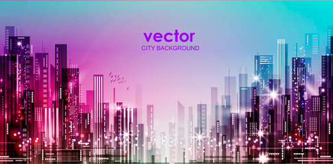 Illustration of the night city with lights switched on