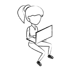 sketch of avatar woman sitting and using a laptop computer over white background, vector illustration
