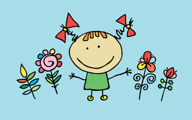 Little cartoon girl with flowers