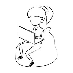 sketch of avatar woman sitting on a bean bag and using a laptop computer over white background, vector illustration