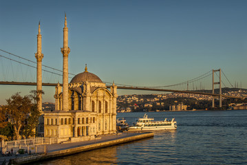 Fototapeta na wymiar Istanbul, Turkey, 17 October 2007: Ortakoy Mosque with Bosphorus Bridge