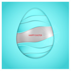 Silver Easter egg and aqua color waves on blue background. Greeting text Happy Easter. 3d vector card. Minimalist design with simols of water, ocean, sea, purity, life and Christianity