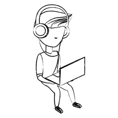 sketch of avatar young man sitting and using a laptop computer and headphones over white background, vector illustration