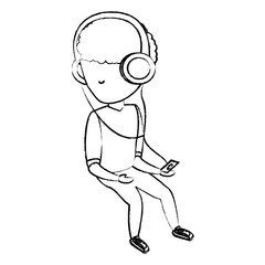 sketch of avatar man listening music with headphones over white background, vector illustration