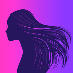 Beautiful girl with long thick wavy hair. Beauty salon icon. Vector illustration