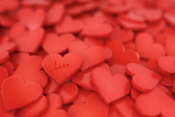 Abstract love story background. Lots of red hearts with text love. valentine's day. 3d rendering.