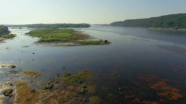 aerial view of river and the islands 4K, forest and river, Very high view of the river forest at sunrise, Aerial view of mystical river and hills