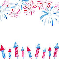 Obraz premium Fireworks festival Frame. Watercolor illustration for holidays, 4th of July, United Stated independence day. Design for print, card, banner