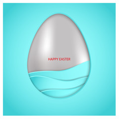 Metallic Silver Easter egg and aqua color waves on blue background. Greeting text Happy Easter. 3d vector card. Minimalist design with simols of water, metal, wealth and Christianity
