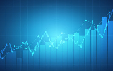 Abstract financial chart with uptrend line graph and bar chart on blue color background