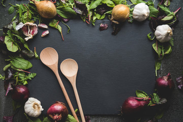 ingredients on a stone table, decoration with vegetables